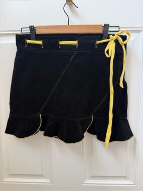 Morbid Threads Black Corduroy Mini Skirt with Yellow Trim and Side Tie